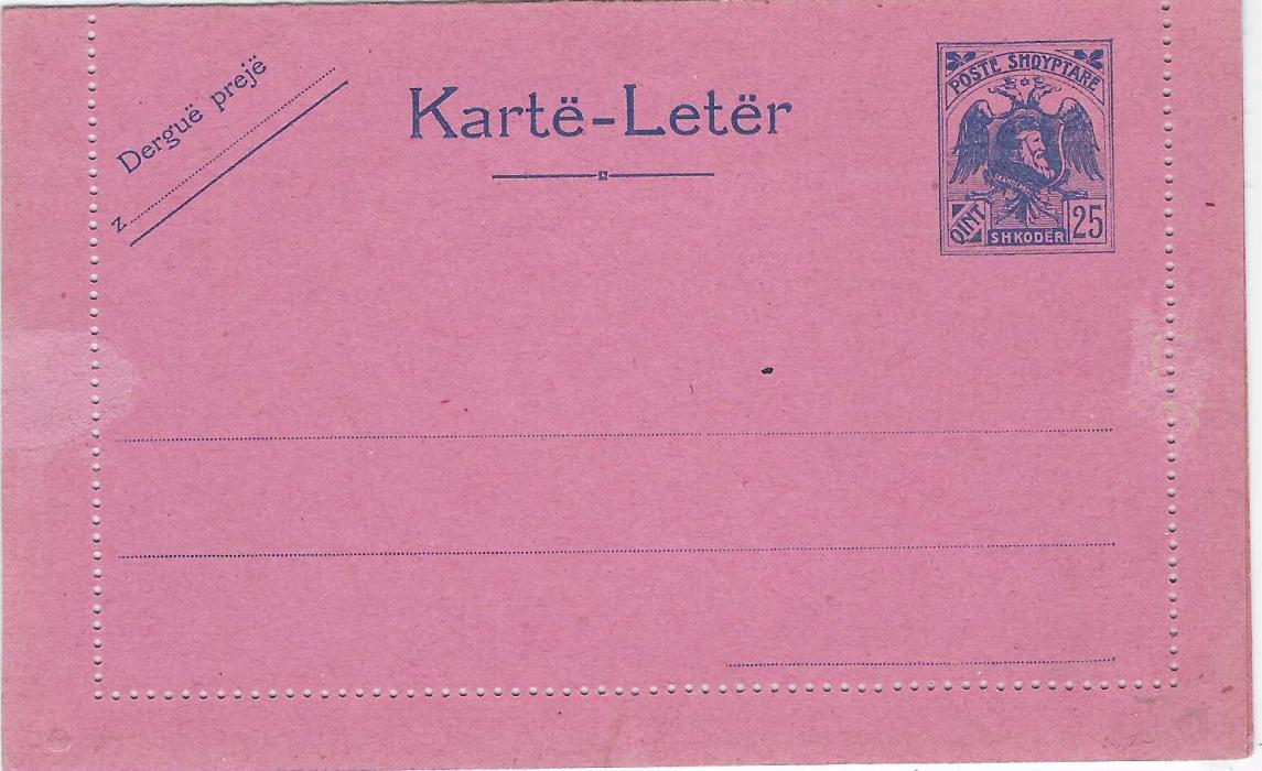 ALBANIA (Postal Stationery) 1920 25q. blue on rose letter card fresh unused, a scarce item.