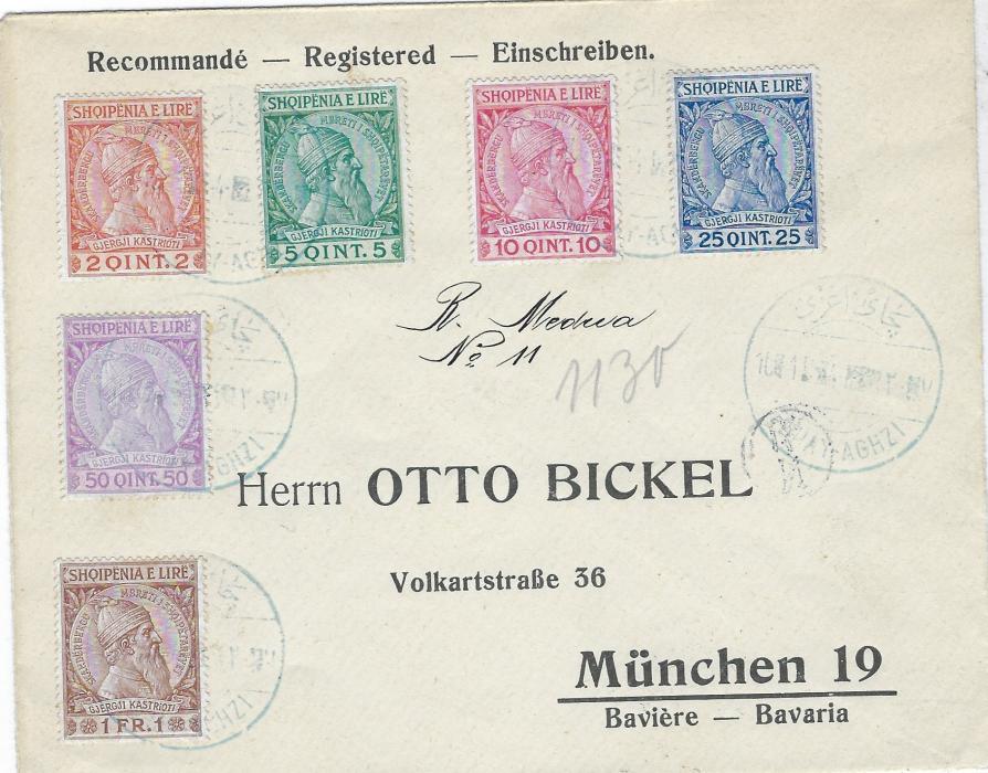 ALBANIA 1914 registered ‘Bickel’ cover franked Skanderbeg set of six  tied by four strikes of rare blue bilingual  Ottoman  Chay-Aghzi date stamps of 10.01. of St John de Medua, the manuscript registration is as from Medua, arrival backstamp. Fine and clean condition, only a dozen of this philatelic cover exists with this cancel.