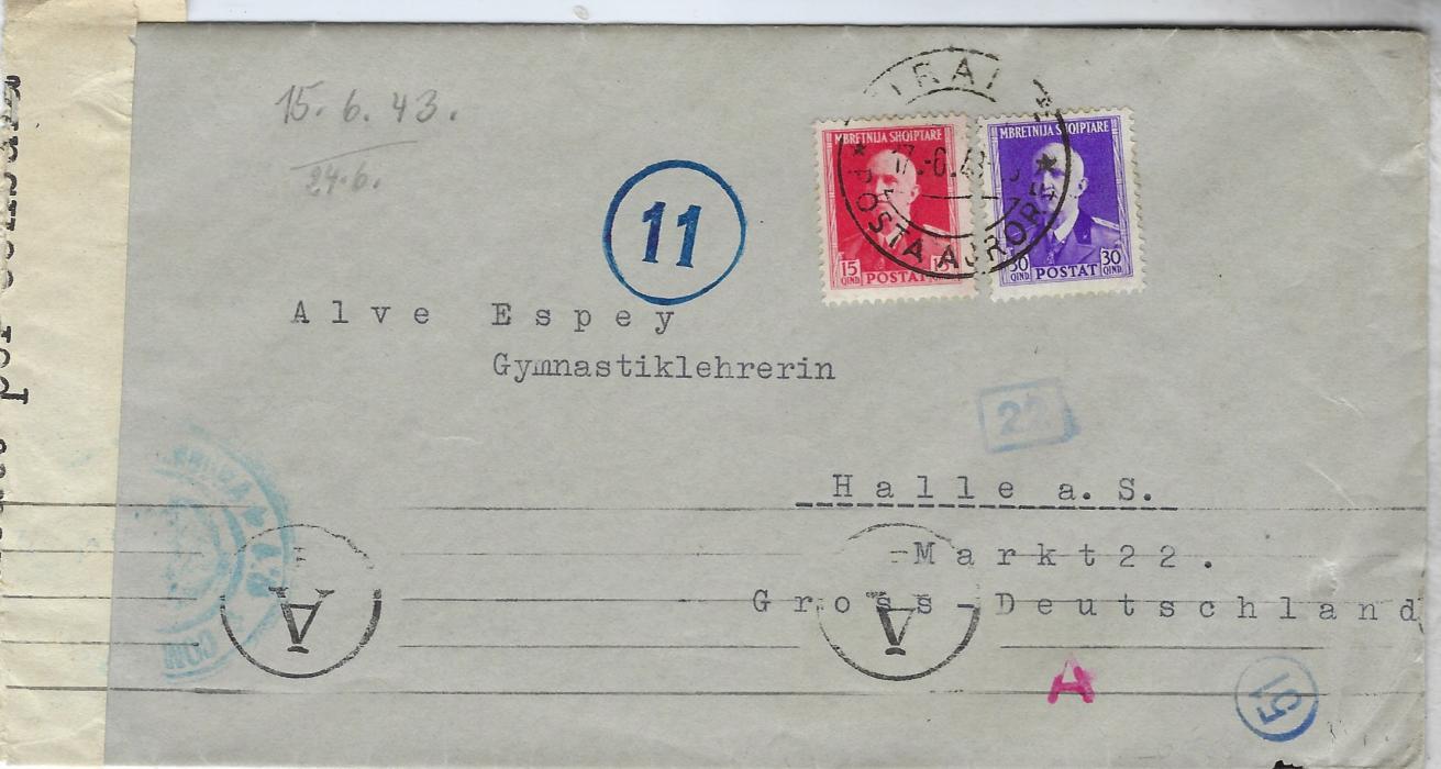 ALBANIA (Italian Occupation) 1941 censored cover to Halle, Germany franked 15q. and 30q. tied Tirana Posta Auropa date stamp, censor tape at left with handstamp front and back, German civil Censor roller cancel at base.
