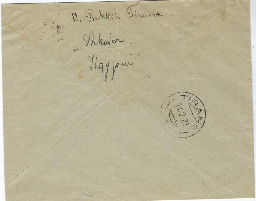 ALBANIA (Postage Due) 1921 (10-2) stampless envelope to Tirane bearing Shkoder cds at left with handstamped T alongside, a manuscript 