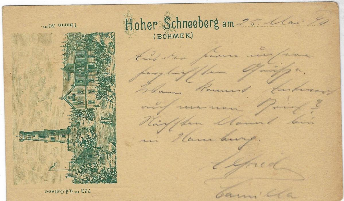 Austria (Picture Postal Stationery) 1890 2kr. double-headed Eagle stationery card with image ‘Hoher Schneeberg (Bohmen)’ image in green used to Hamburg with Eulau cds.