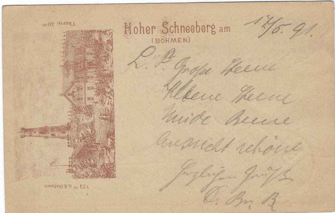 Austria (Picture Postal Stationery) 1891 2kr. Franz Joseph  stationery card with image ‘Hoher Schneeberg (Bohmen)’ in brown used to Desden with Konigswald  cds.