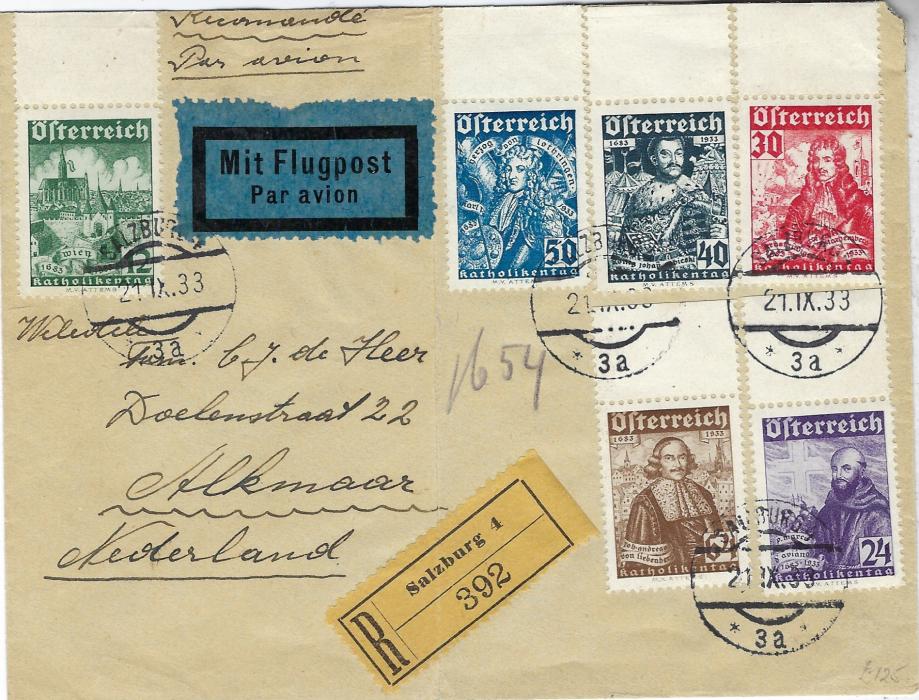 Austria 1933 (21.IX.) registered airmail cover bearing 250th Anniversary of Relief of Vienna set of six top marginals tied Salzburg cds, central vertical filing crease.