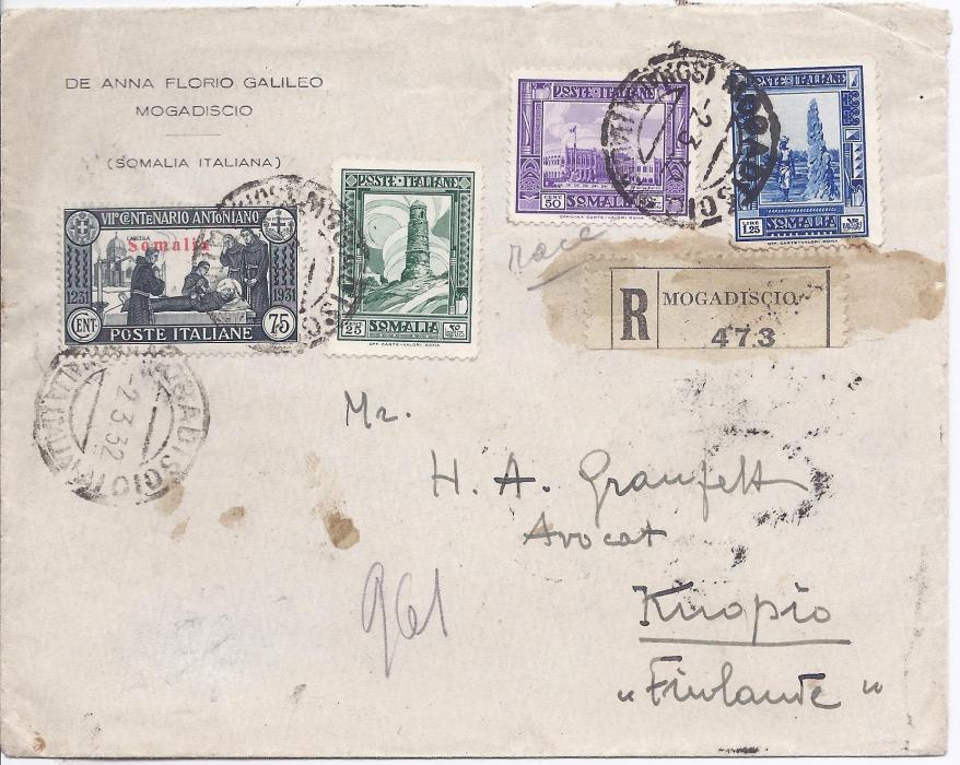 Italian Colonies Somalia 1932 registered cover to Kuopio, Finland, the franking including 75c. St Anthony, tied Mogadiscio cds, glue stained registration label at right. Reverse with Italian tpos and arrival cds.