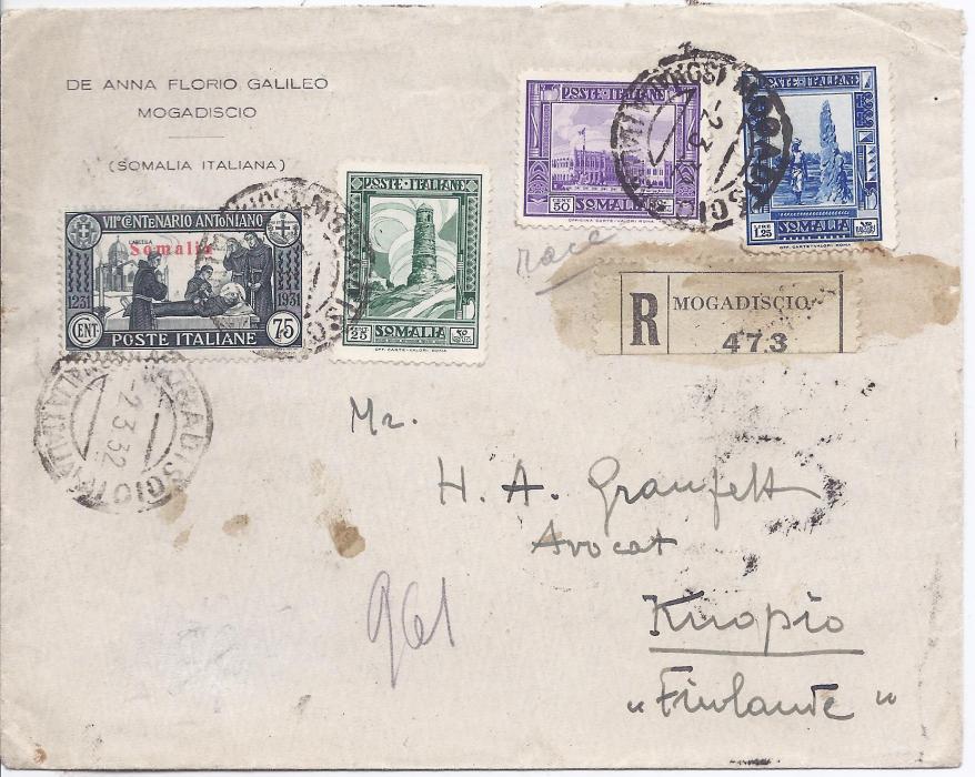 Italian Colonies Somalia 1932 registered cover to Kuopio, Finland, the franking including 75c. St Anthony, tied Mogadiscio cds, glue stained registration label at right. Reverse with Italian tpos and arrival cds.