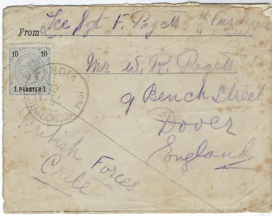 Austria (Post Offices in Crete) 1898 (24 Nov) printed soldier’s envelope ‘From’ “Lca Sgt F. Pagett 5th Fusiliers Crete”, endorsed bottom left corner “British Forces Crete” , stamp cancelled Candia Oesterreichische Post cds, reverse with Dover Station Office cds; some slight faults to envelope, opened-out for display a rare and unusual item of mail from the International Peace-Keeping Force in Crete.