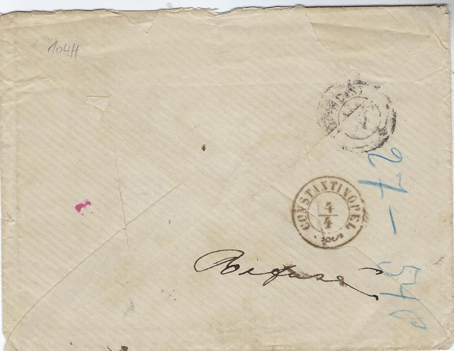 Austrian Levant Undated cover to Nizza bearing Constantinopel 13/10 cds, m/s rating “7”,  refused and returned with m/s “zk Constantinopel” and Nizza crossed-out in same ink, red cds of 20/10, reverse with m/s “refuse” and final Constantinopel arrival. Two vertical slits for disinfection.