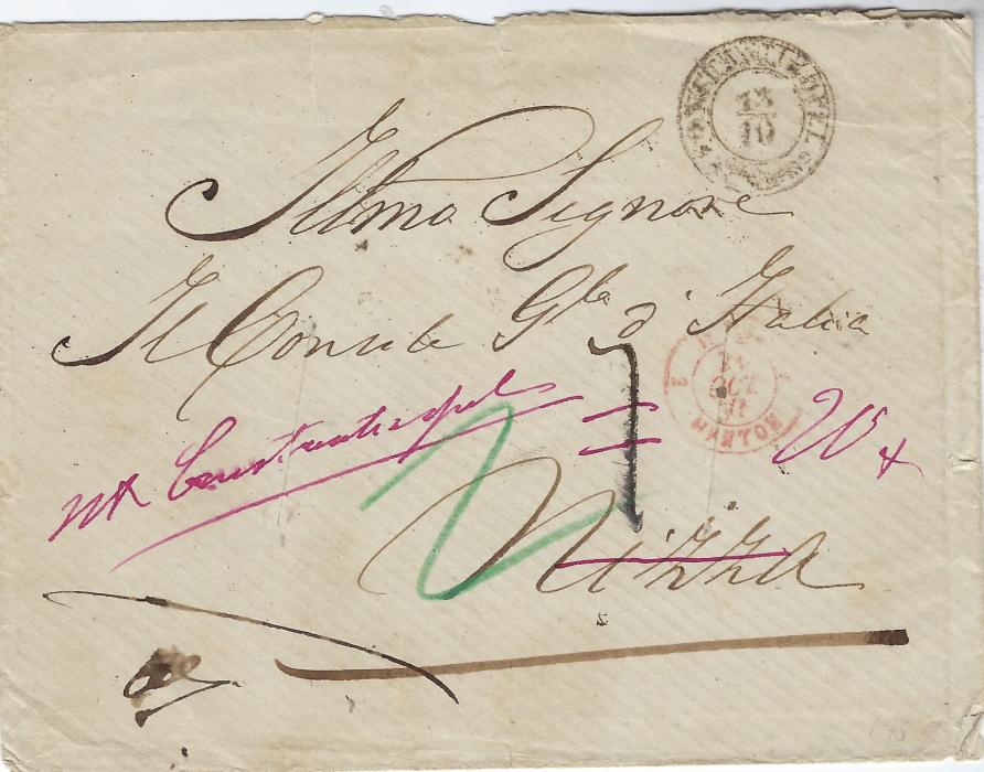Austrian Levant Undated cover to Nizza bearing Constantinopel 13/10 cds, m/s rating “7”,  refused and returned with m/s “zk Constantinopel” and Nizza crossed-out in same ink, red cds of 20/10, reverse with m/s “refuse” and final Constantinopel arrival. Two vertical slits for disinfection.