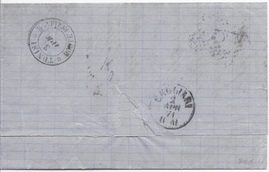 Italy (Genova) 1871 stampless entire from Genova to Tunisi bearing despatch cds and company chop. On arrival 60c. Postage Due applied and tied Tunisi Poste Italiane cds which is repeated on reverse together with a Cagliari transit. Fine and rare with Colla Asinelli certificate.