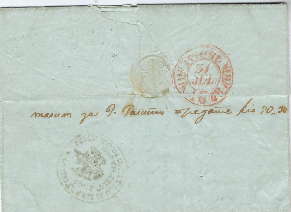 Austrian Levant (Disinfected Mail) 1848 entire to Trieste from Sarajevo taken across the northern border and disinfected at the quarantine station at Brod whose cachet Pulito Di Dentro E Di Fuori appears on the reverse, put into the post office there with two-line Brood handstamp.