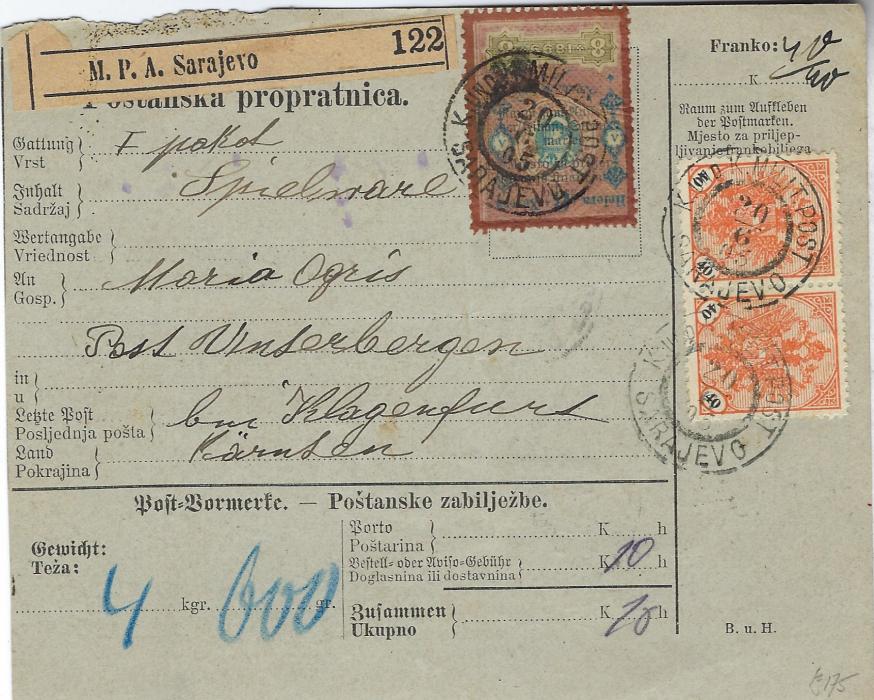 Bosnia Herzegovina 1905 parcel card to Unterbergen, Austria franked horizontal pair 1901-06 40h dull orange and black tied K und K Milit. Post Sarajevo cds, also with fiscl stamp similarly cancelled, reverse with 10h. postage due applied and tied arrival cds.