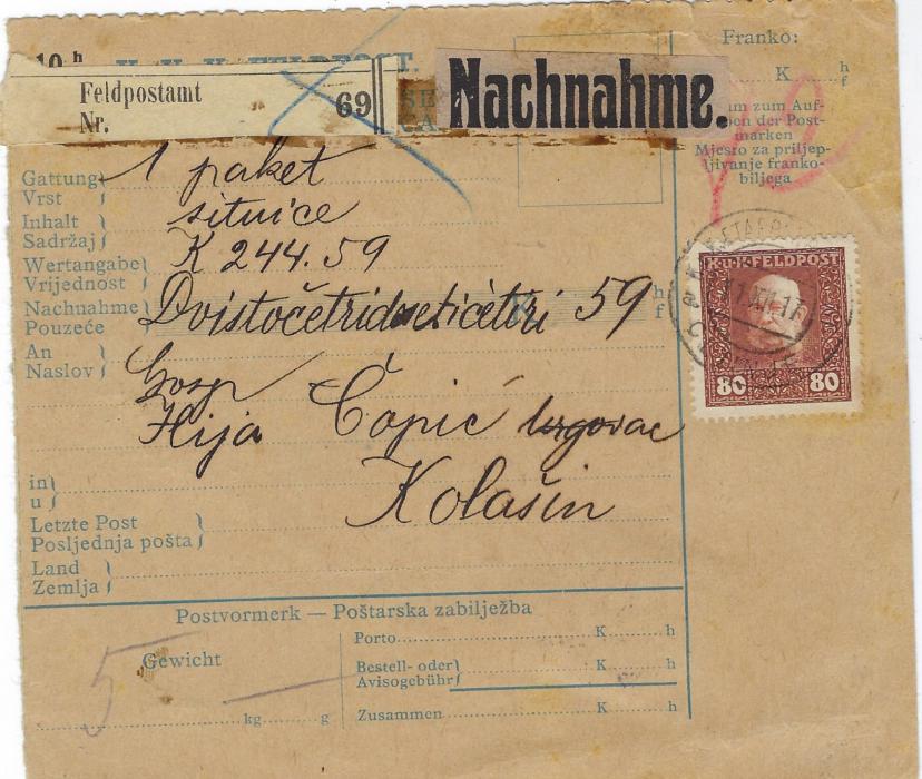 Montenegro 1917 ‘Nachnahme’ parcel card to Kolasin franked Austro-Hungarian Military Post 80h. chestnut tied Cetinje cds, Feldpostamt label top left, reverse with Bosnia and Herzegovina 5h postage due tied by arrival cds.
