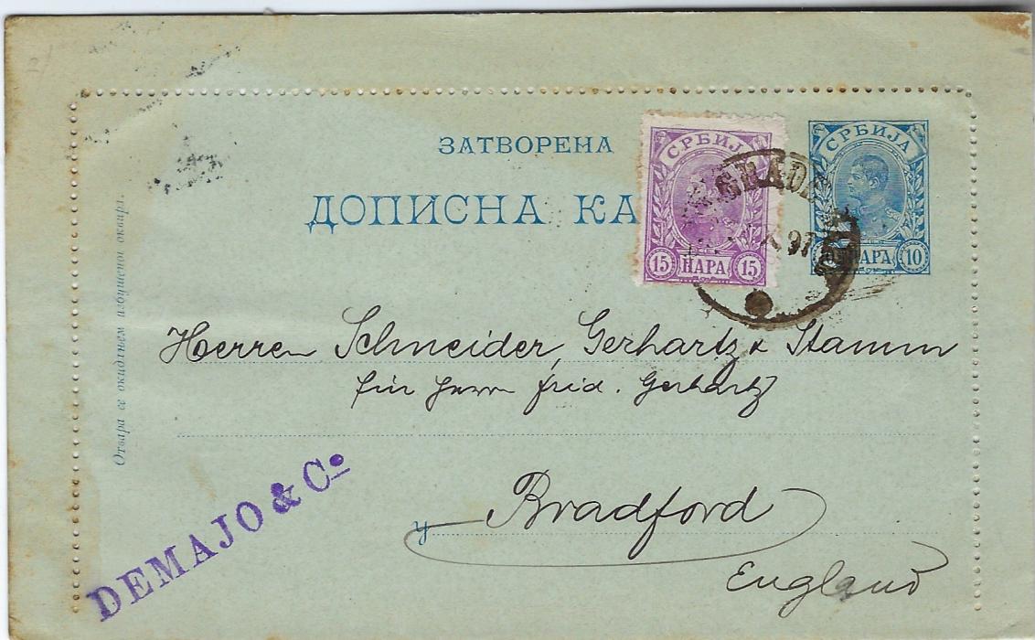 Serbia 1897 5p. and 10p. postal stationery cards, uprated 20p. and 15p. respectively, cancelled Belgrade and addressed to Bradford, England. Both cards sealed without message, some tonings.