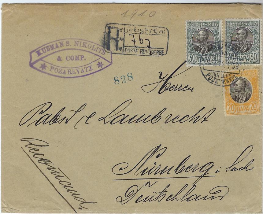 Serbia 1898 registered cover to Nurnberg, Germany franked Peter I 20p. yellow and black and two 30p grey-green and black tied by Pozarevatz date stamp, registration handstamp to left with manuscript number, arrival backstamps.
