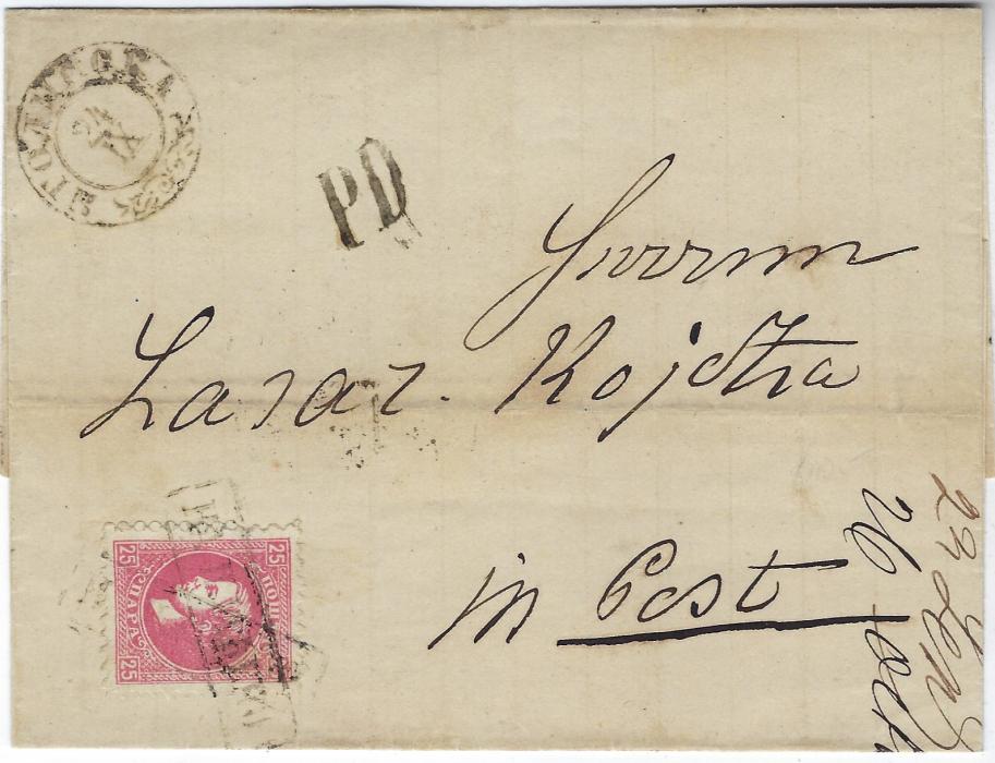 Serbia 1873 outer letter sheet to Pest, franked in bottom corner by 2nd printing 25p., perf 9½ tied by two straight-line framed cancels, cds top left, unframed ‘PD’, arrival backstamp; horizontal filing crease.