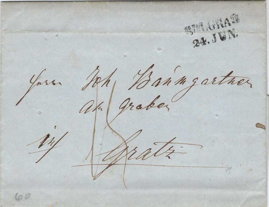 Austria (Disinfected Mail) 1860 entire to Gratz bearing two-line BELGRAD despatch routed via Semlin where disinfected with nine rastel punch holes and oval framed cachet inscribed ‘Netto di Fuora e di Dentro’, Meyer type H, recorded 1857-60.