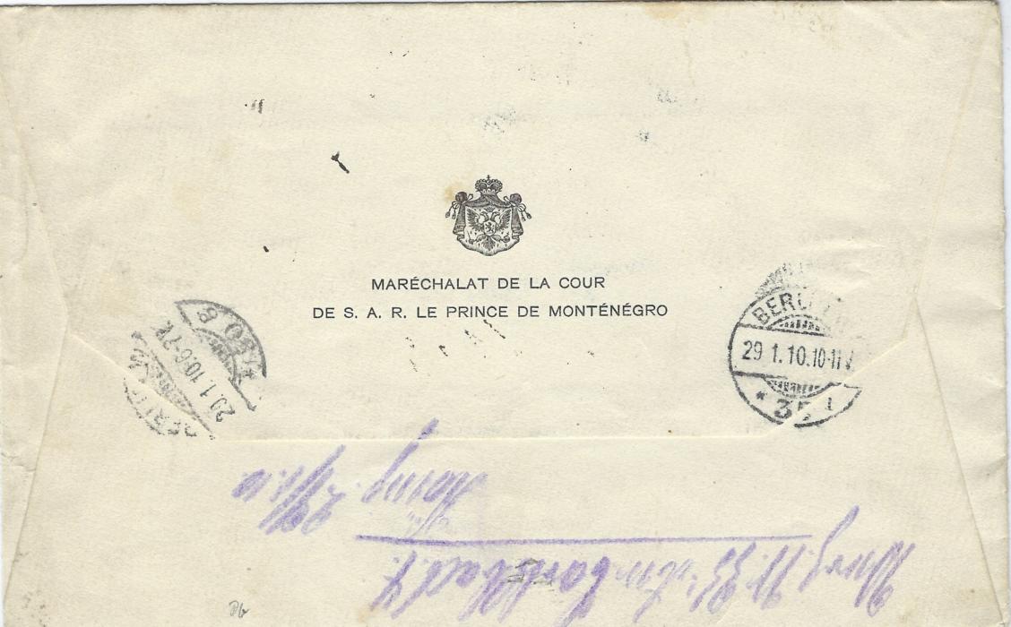 Montenegro 1910 Royal envelope registered to Berlin bearing single franking 1907 issue 50pa. lilac, bilingual Cettigne cds and registration label, redirected within Berlin.