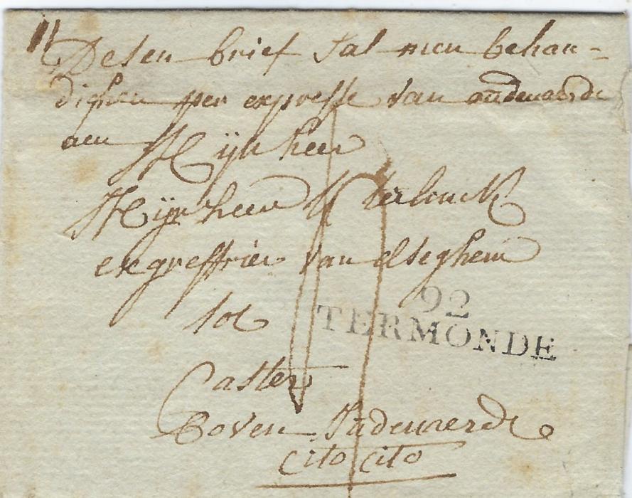 Belgium (Spanish Netherlands) Early 1800s undated outer letter sheet to Boxen bearing two-line 92/TERMONDE handstamp. At base is endorsement “Cito Cito” = Haste Haste
