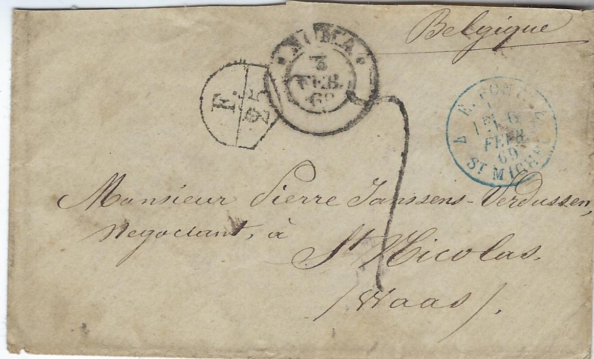 Italy (Accountancy) 1869 cover from Roma to St Nicolas, Belgium bearing manuscript charge at centre together with despatch cds, to right blue 4 E. PONT. 4/St Michel applied in transit at Paris together with scarce accountancy handstamp ‘F/25’, reverse with France Midi Belgian entry tpo and arrival cds; some slight ageing.
