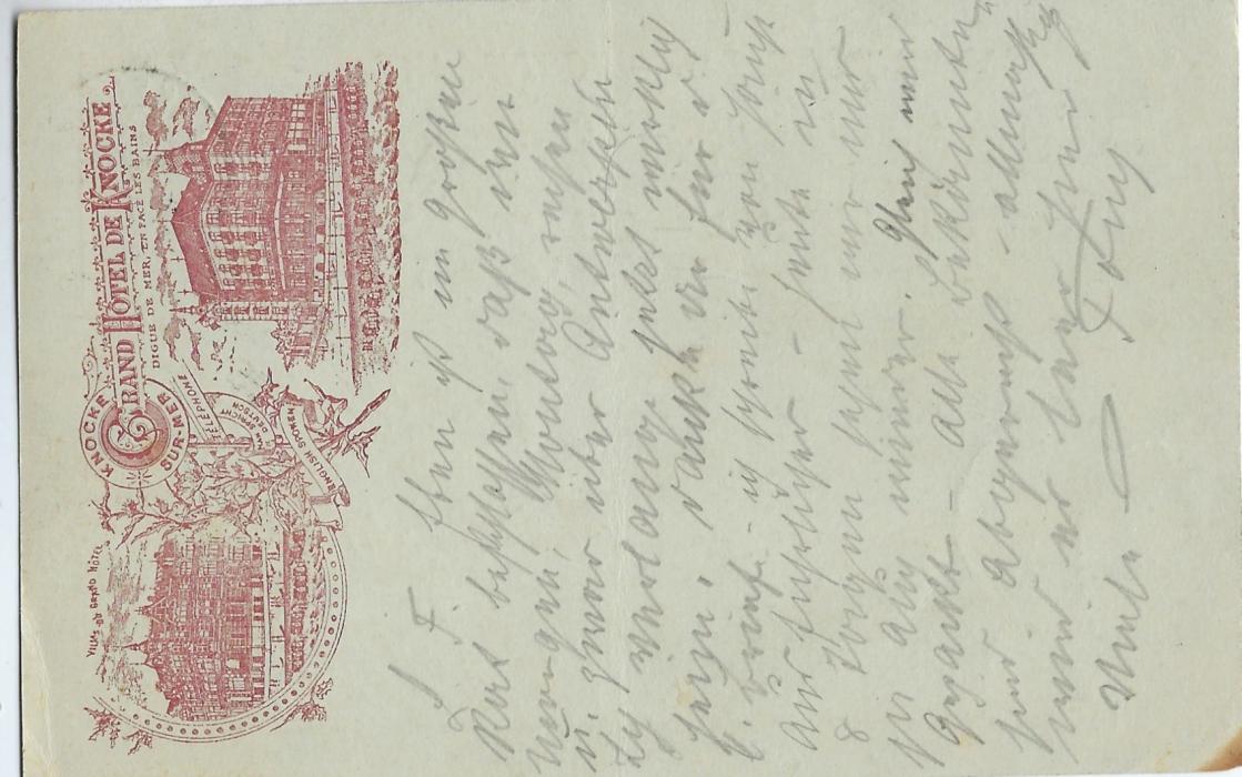 Belgium (Picture Stationery) 1898 10c. card with printed image, in same colour as stamp image of ‘Grand Hotel De Knocke’, used from Blankenbergh to Aachen, small stain below stamp image and a toned corner, scarce used card.