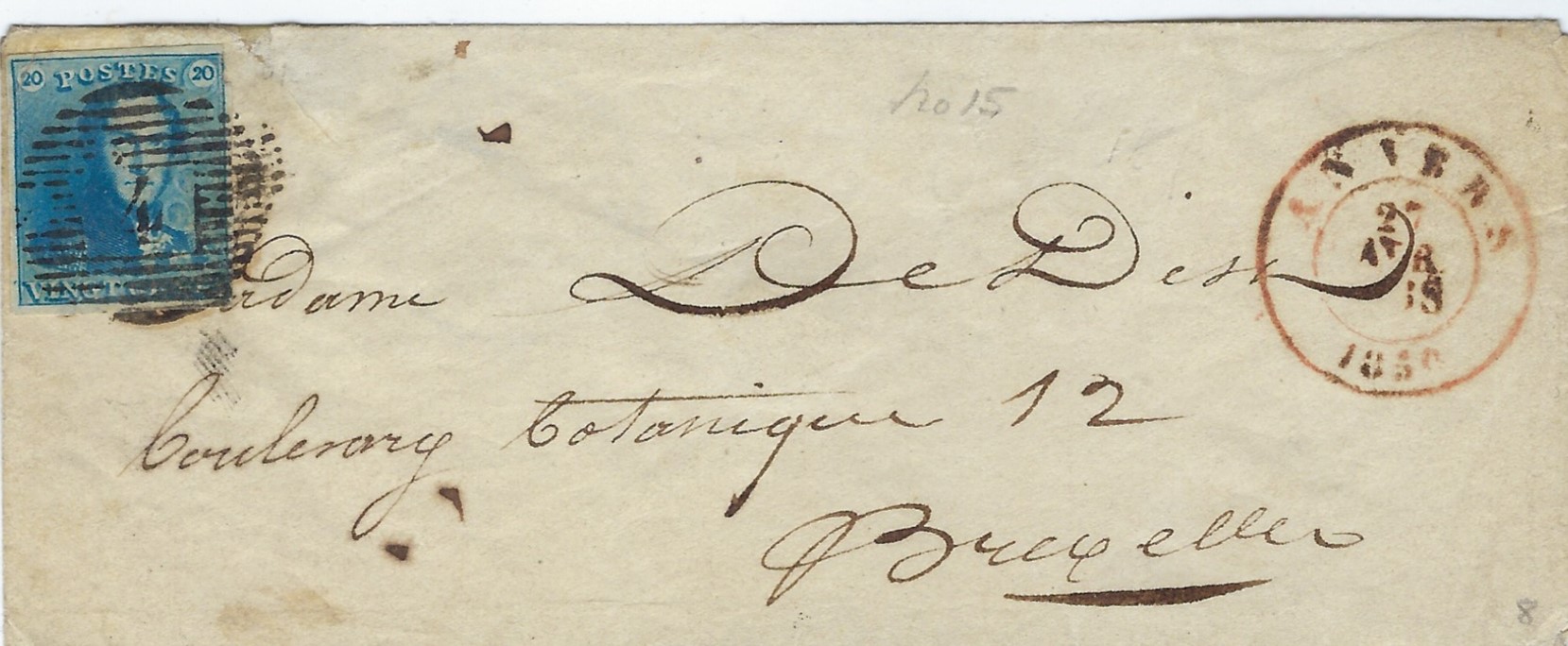 Belgium 1849 King Leopold I 20c blue, 23 used examples, all with good to close margins and one three-margined example on cover from Anvers. Nice group.
