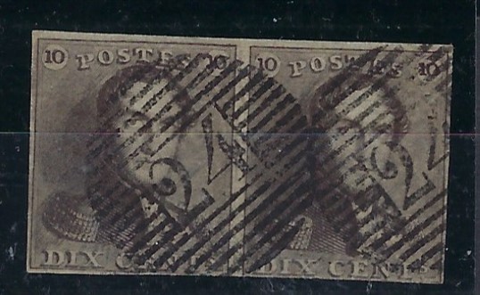 Belgium 1849 King Leopold  I0c brown horizontal pair, margin or right-hand stamp touched at base, otherwise clear. The left hand stamp shows doubling around the ‘0’ of ‘10’.
