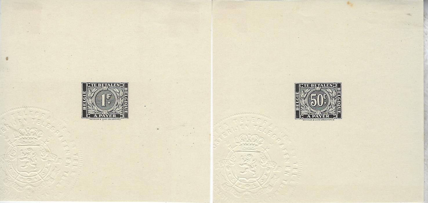 Belgium 1945 Postage Due set of seven black proofs, Belgie Belgique, each about 105 x 100m and with large part embossed seal of belgian Post Office, the 10c has a diagonal crease and there are a few tones at edges.