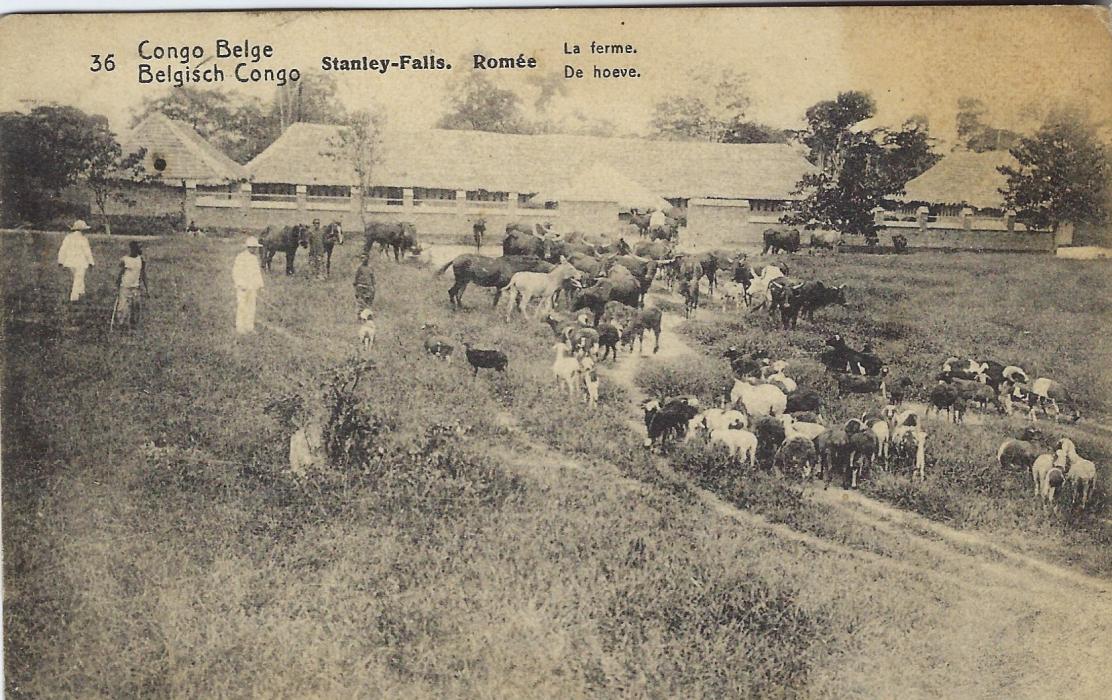 Belgian Congo 1922 ‘15’ on 10c. picture stationery card entitled ‘The Farm’ used from Elizabethville  to Belgium, showing clear double surcharge variety.