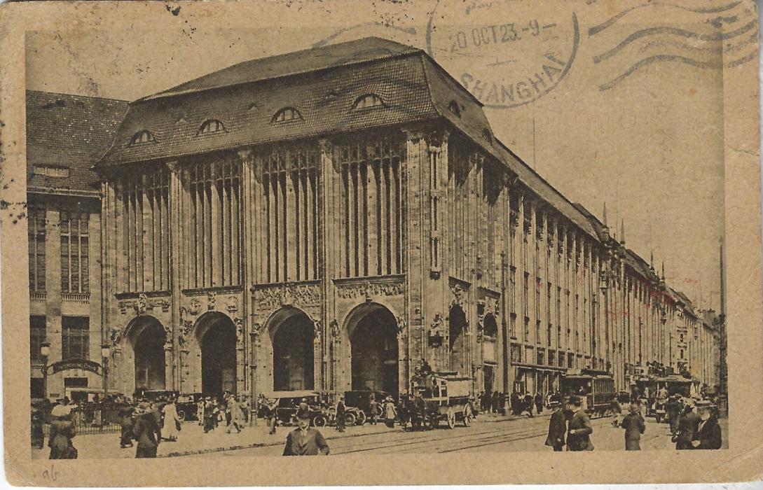 China 1923 incoming card Berlin to Shanghai bearing various instructional handstamps and manuscript notes with UNKNOWN AT and Addresse/ Incomplete towards base and just tying stamps ‘Please Advise Sender Your/ Correct Address’.