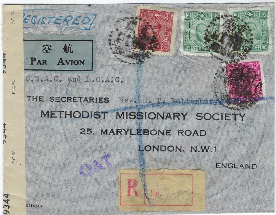 China Unclearly dated registered airmail cover to London, endorsed “C.N.A.C. and B.O.A.C.” (the latter the flight to Lagos) franked at $46 rate with stamps tied Chungking cds, blank red registration label at base with manuscript number, small unframed O A T handstamp without stops (18 x 7mm), censor tape at left side. Fine quality.