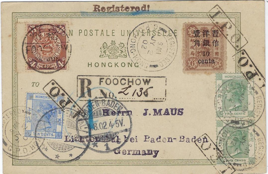 China 1902 Hong Kong postcard bearing mixed franking with China 1897 Empress Dowager, Small Surcharge 10c. on 6ca and 1898 Coiling Dragon 4c. making up 14c. registered rate, the 4c. tied by bilingual Foochow cds and the Dowager only by framed I.P.O., which also tie the Hong Kong stamps which are also tied Registered G.P.O. Hong Kong cds, very fine foochow registration handstamp at centre. Fine, clean condition.