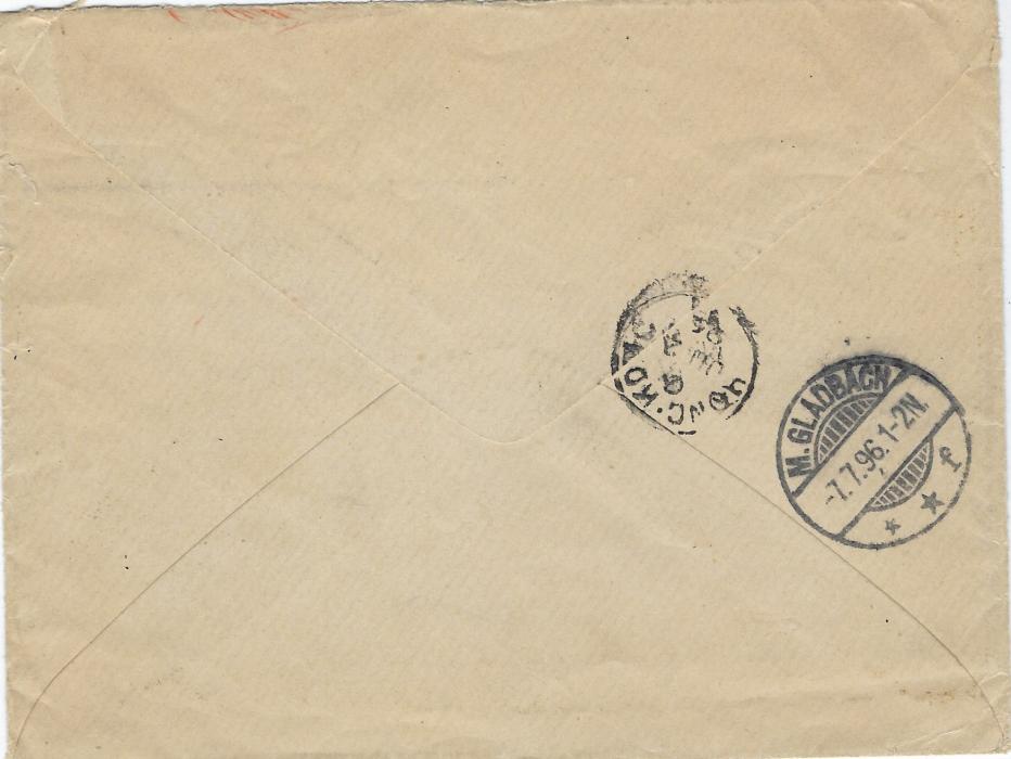 China (German Post Offices) 1896 (23/5)cover to M.Gladbach bearing  unoverprinted forerunner pair 20pf. tied single Tientsin Kdpa cds, reverse with Hong Kong transit and arrival cds.