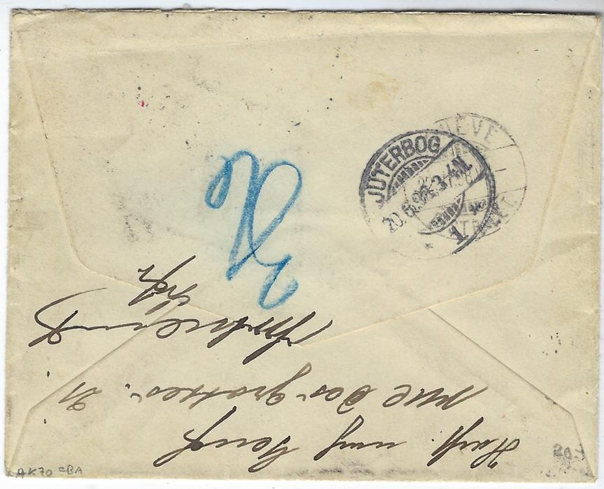 China (Kiautschou) 1898 registered cover to  Juterbog franked 45 degree overprinted pair 10pf. and a 20pf tied large Tsintanfort cds, a cancelleation in use for two months only, registration label top right, arrival backstamp. Redirected to Geneva, Switzerland with that arrival also on reverse.


