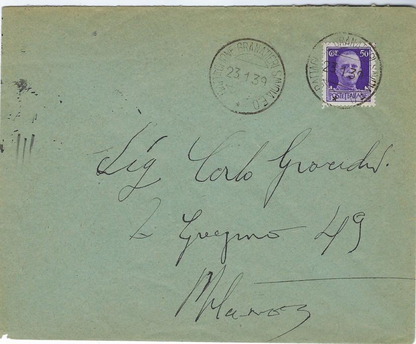 China (Italian Post Offices) 1939 cover to Milan franked 50c. tied by Battaglione Granatieri Savoia E.O. with another strike alongside, unclear arrival backstamp. Good example of Far East Naval mail.