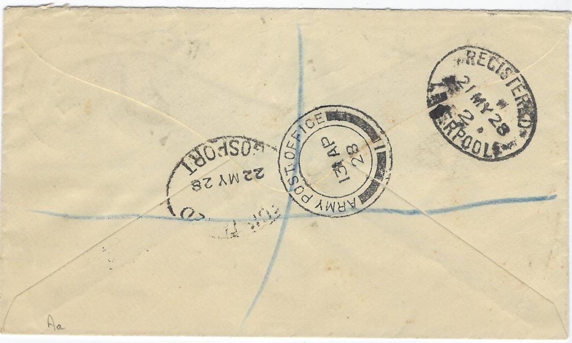 China (British  Post Offices) 1928 (13 AP) registered cover to England franked Great Britain 1½d. and 3d. tied Army Post Office 1 cds, fine handstamped registration label at left, reverse with further despatch, Liverpool and Gosport registered cancels; fine registered item.