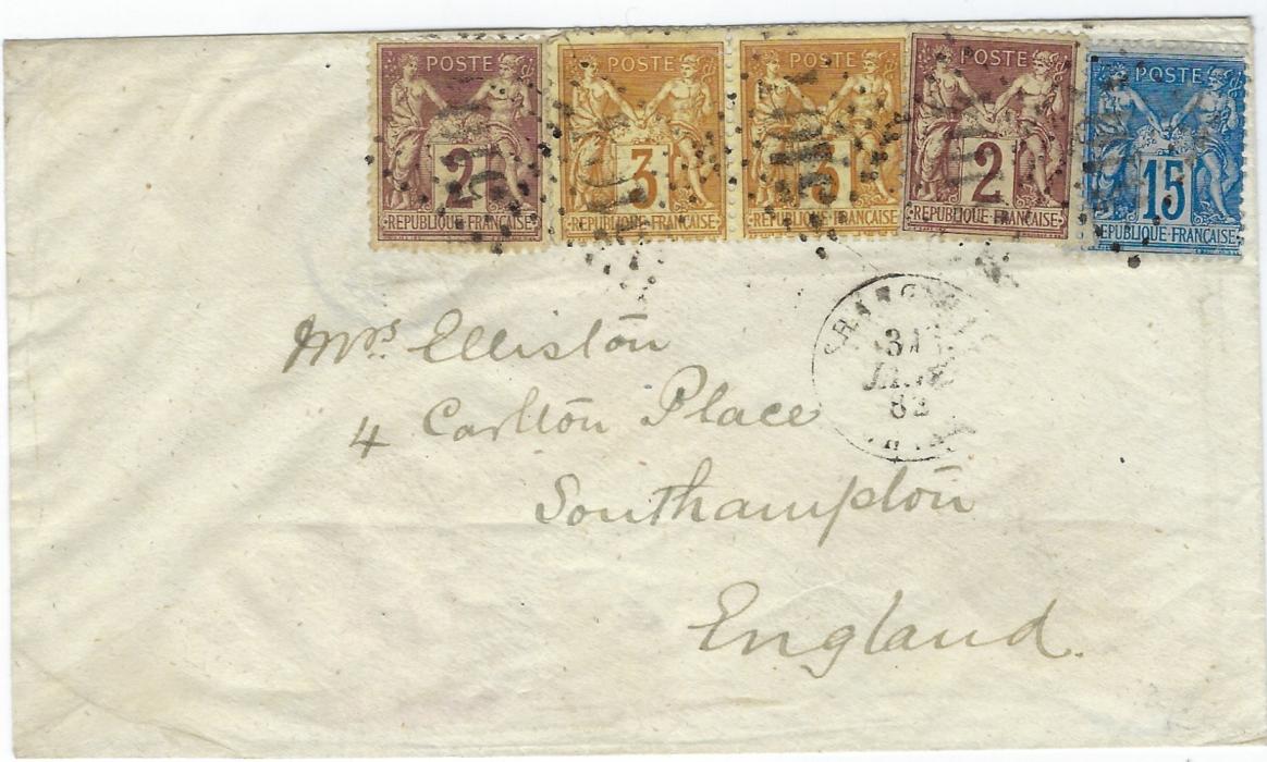 China (French Post Offices) 1882 cover to Southampton franked Sage 2c. (2), 3c. bistre on yellow pair and a 15c. tied ‘5104’ large numerals with Shang-Hai cds below, arrival backstamp. A fine, unusual way to make up the 25c. rate and with very rare multiple of 3c.