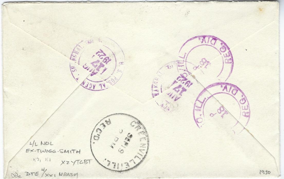 China (United States Agency) 1922 registered Return Receipt to Greenville, Ill. Franked 14c. on 7c. and 16c. on 8c. tied by oval Postal Agency Shanghai china handstamp, negative registration handstamp at left, U.S. Postal Agency Shanghai date stamps on revers with Chicago transits and arrival cds. Still with ‘Receipt For Registered Article’. The 14c surcharge a rare stamp on cover, Philatelic Fondation Cert. Ex Twigg-Smith.