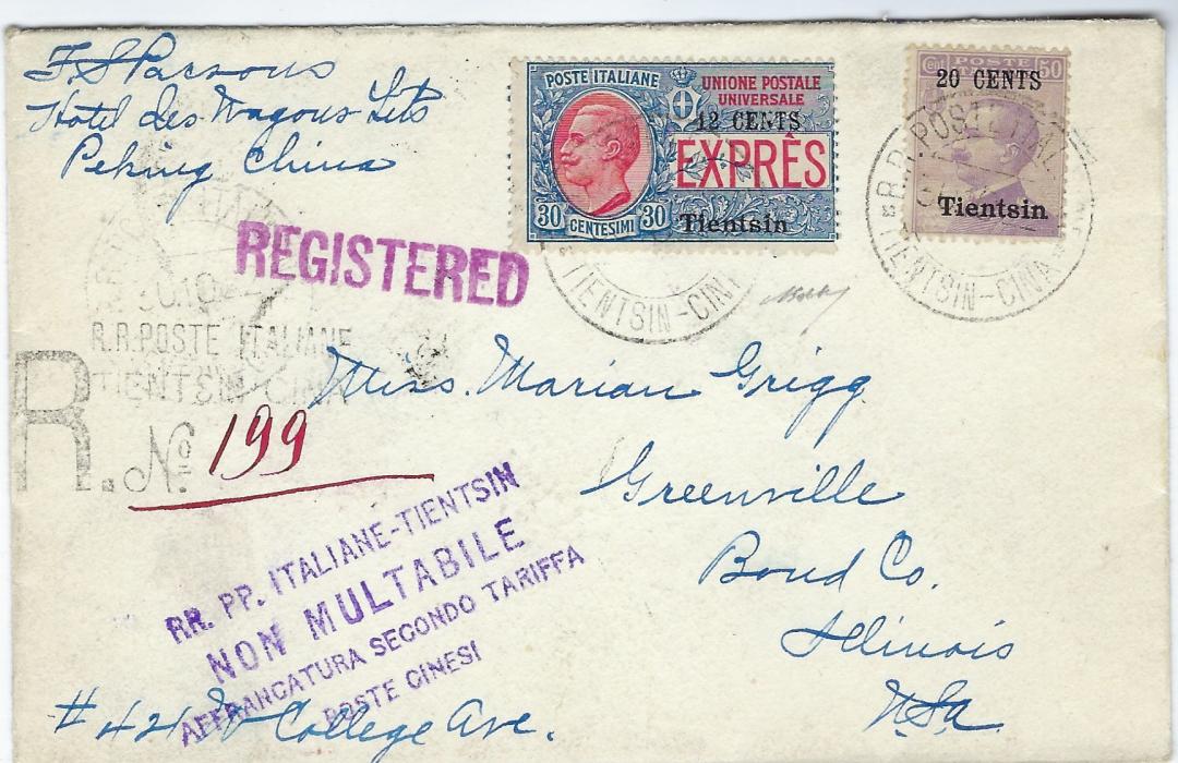 China (Italian Post Offices) 1922 registered express cover to Greenville, Ill, USA franked Tientsin 20 Cents on 50c. together with Express 12 Cents on 30c. tied R..R. Poste Italiane Tientsin – Cina, fine registration handstamp to left with manuscript number, four-line violet Non Fineable handstamp, reverse with Italian backstamps, Chicago transits and arrival. Fine and clean condition.