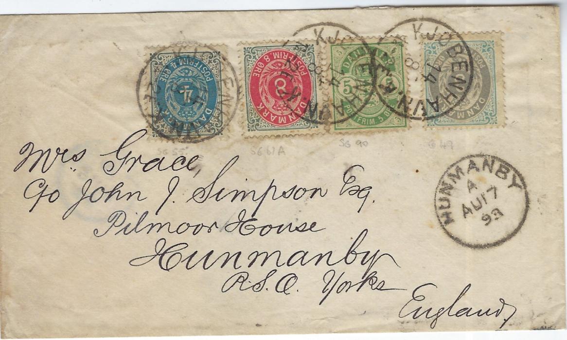 Denmark 1893 cover to Hunmanby franked mixed issue ‘Posthorns’ 3o., 4o. And 8o. Plus ‘Arms’ 5o tied Kjobenhavn cds, York transit backstamp and arrival cds on front.