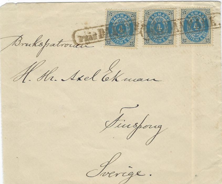 Denmark Undated cover to Finsporg, Sweden  franked by three 4 ore tied by two framed ‘Fran DANMARK.’ Handstamps, good clean condition.