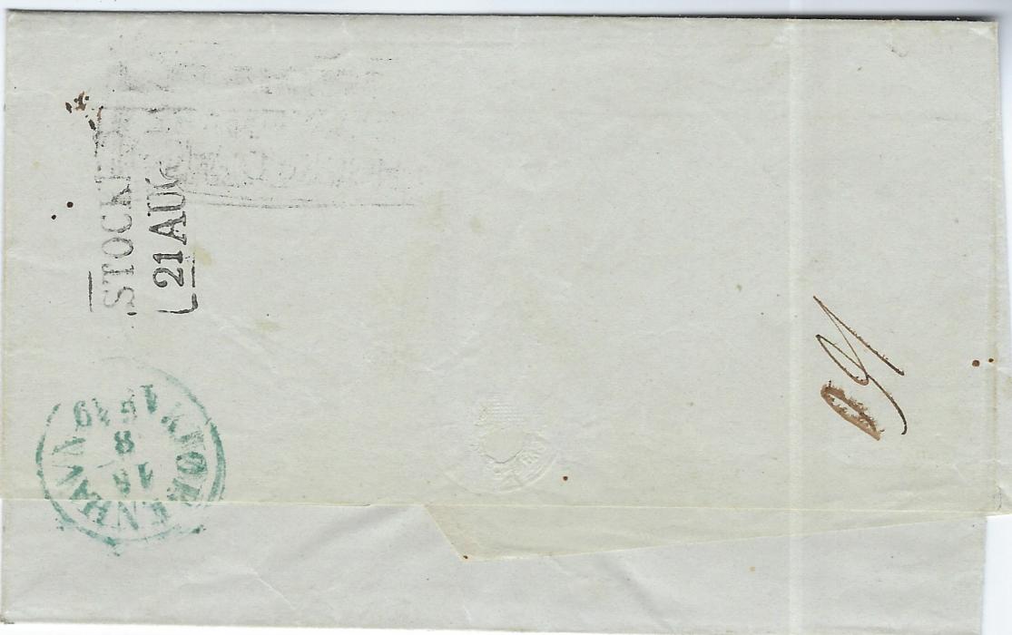 Denmark 1849 outer letter sheet to Finland sent unpaid via Hamburg, showing various manuscript rate markings and a framed Obetalt.FR./ Dannemark/ H.Borg 17 Aug 49 handstamp, reverse with Copenhagen despatch and Stockholm transit; fine condition.
