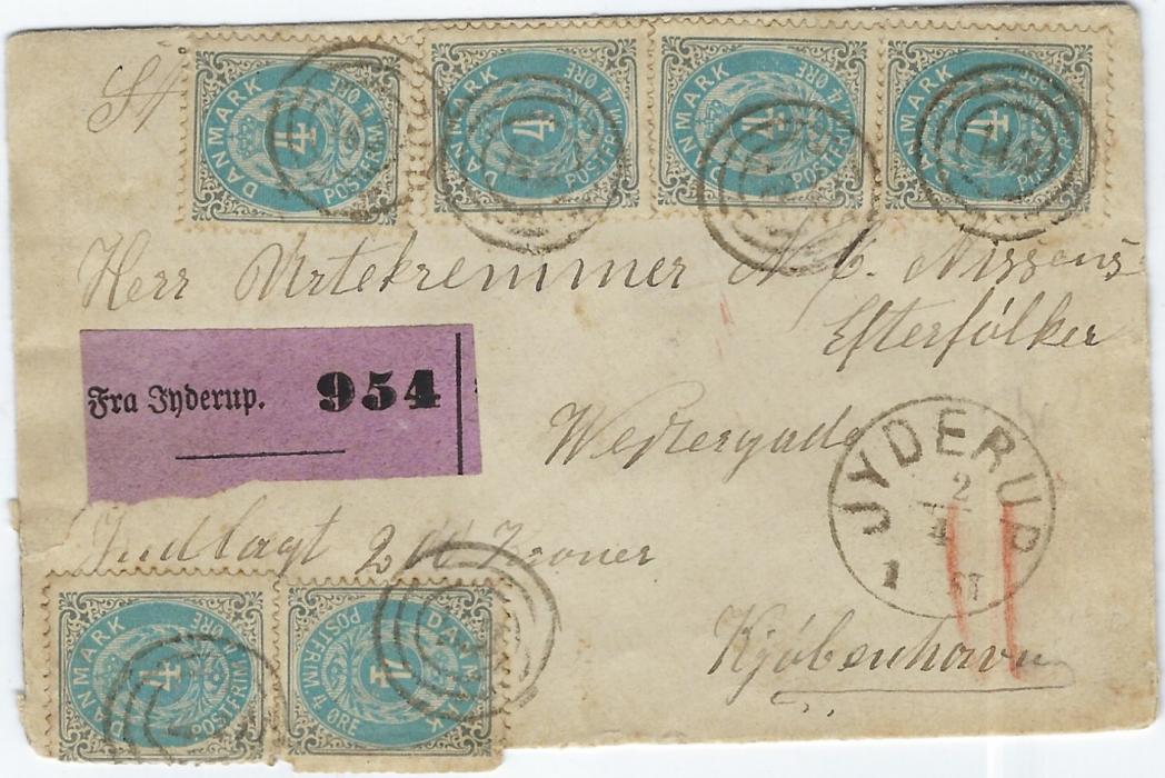Denmark Undated 1870s cover franked six 1875-79 perf 14 4 ore slate and pale blue each cancelled by ‘142’ three-ring numerals with Jyderup cds in association at right, lilac Fra Jyderup label at left, five small, largely intact red wax seals on reverse. Stamps at base with perforations over edges. 