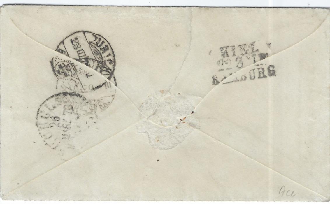Denmark 1878 (21/3) cover to Switzerland franked 2s., 3s. and 8s. each cancelled by ‘1’ three ring numerals, Kjobenhavn cds in association, reverse with Kiel/Hamburg tpo and Swiss arrival cancels; repaired tear in backflap, clean condition.
