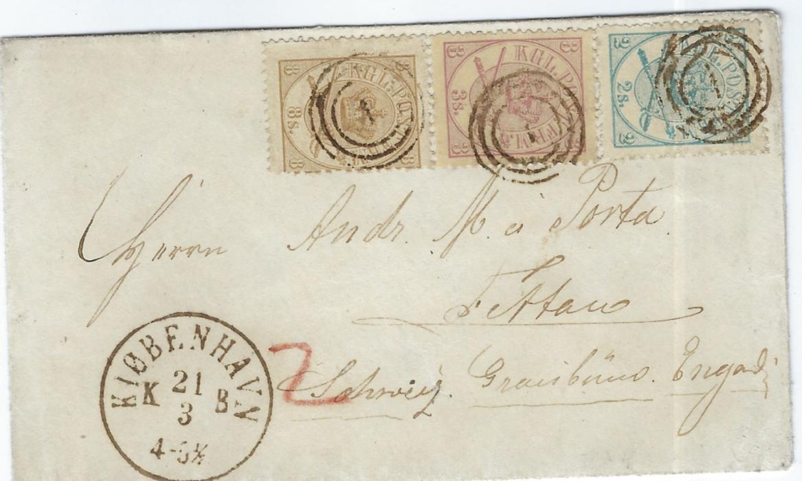 Denmark 1878 (21/3) cover to Switzerland franked 2s., 3s. and 8s. each cancelled by ‘1’ three ring numerals, Kjobenhavn cds in association, reverse with Kiel/Hamburg tpo and Swiss arrival cancels; repaired tear in backflap, clean condition.