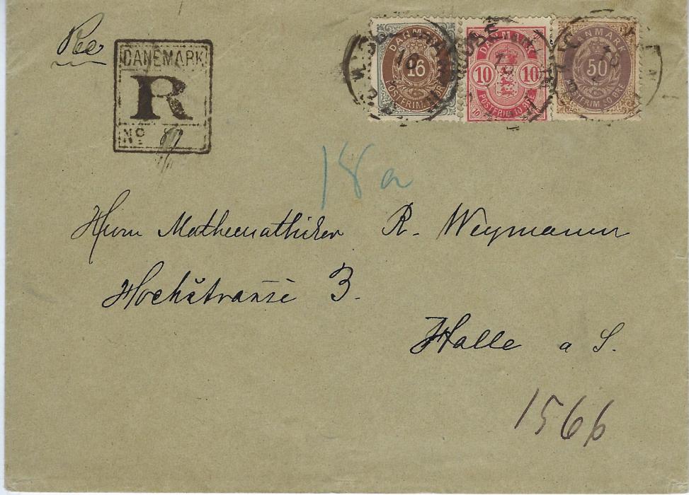 Denmark 1890 registered cover to Halle, Germany franked 1875-79 perf 14 16 ore and 50 ore Posthorns plus 10 ore Arms tied by three Kjobenhavn cds, registration handstamp at left, arrival backstamp.