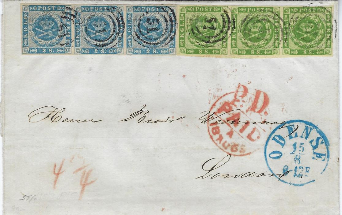 Denmark 1865 cover to London franked 1855 2s. blue in horizontal strip of three and 1858 8s gree in horizontal strip of three, each stamp cancelled by ’51’ three-ring numeral, Odense cds in association, red P.D. and arrival cds. A beautiful 30s. rated cover to London, the finest from this correspondence with each strip good to large margins. Moller Certificate.