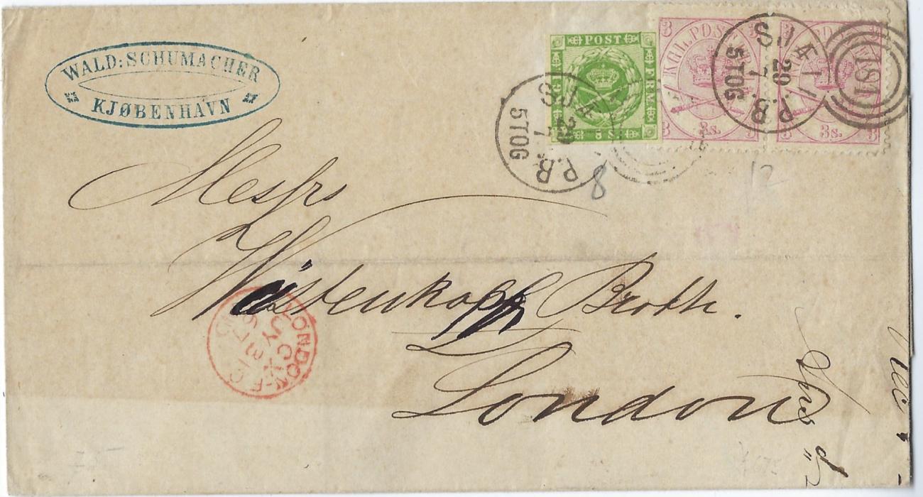 Denmark 1867 (20/7) outer letter sheet to London bearing mixed issue franking 1858-62 8s. green and 1864-68 3s. pair tied by two ‘181’ Sjaell P.B. duplex, London arrival cds to left. The 8s with close to large margins, a fine cover.