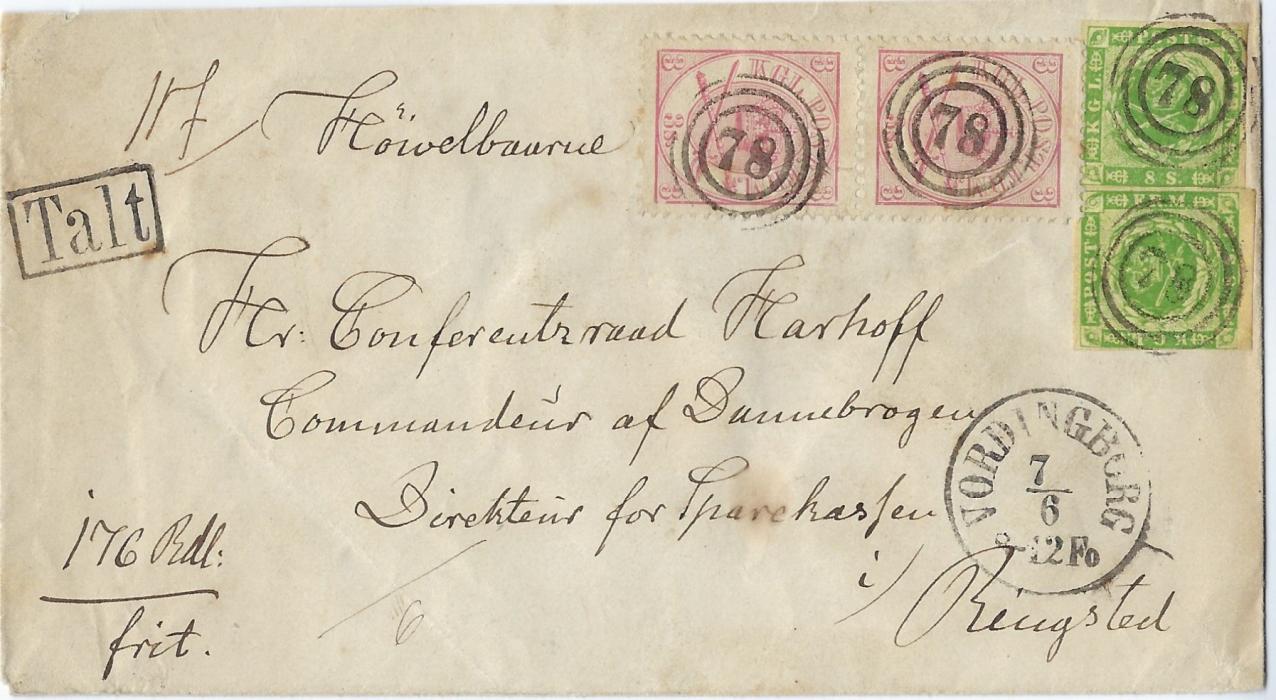 Denmark 1870s cover to Ringsted bearing mixed issue franking 1858-62 8s (2, one with only three margins) plus 1864-68 3s. vertical pair, each cancelled by three-ring78 numeral, Nordingborg despatch cds in association below, at top left framed Talt handstamp, three fine black wax seals on reverse.