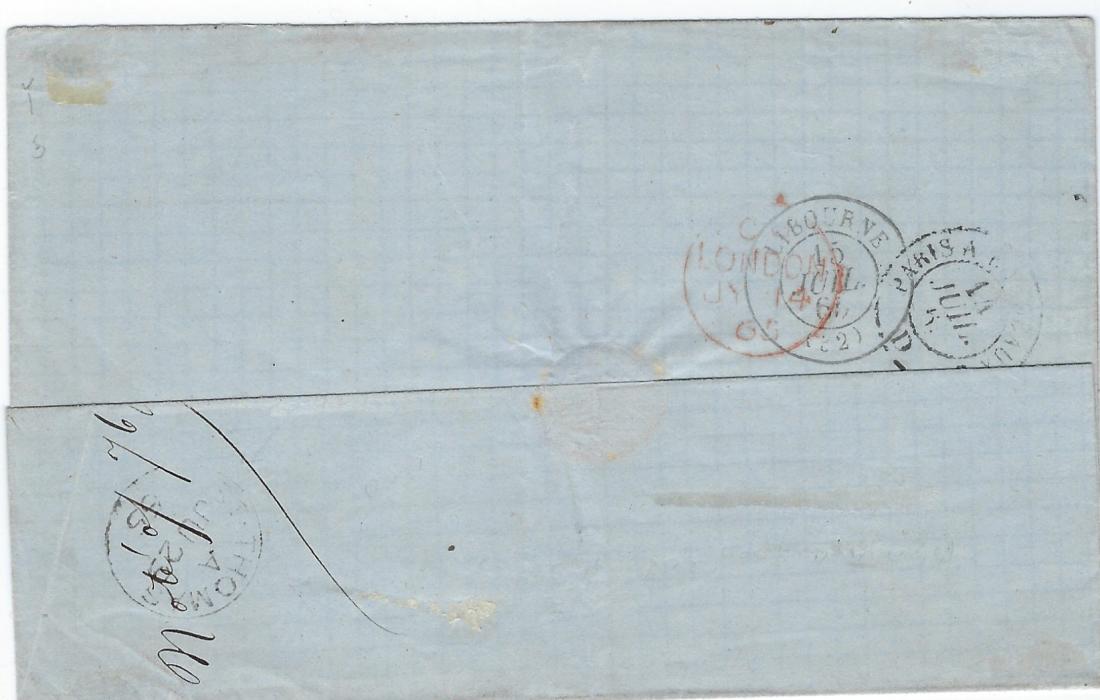 Danish West Indies 1854 outer letter sheet to Revel, France bearing various manuscript rate markings and “per Plata”, red French entry cds at right, reverse with double arc St Thomas date stamp, overstruck by  red Seebrief Per England und Aachen transit and Paris transit, arrival cds below.