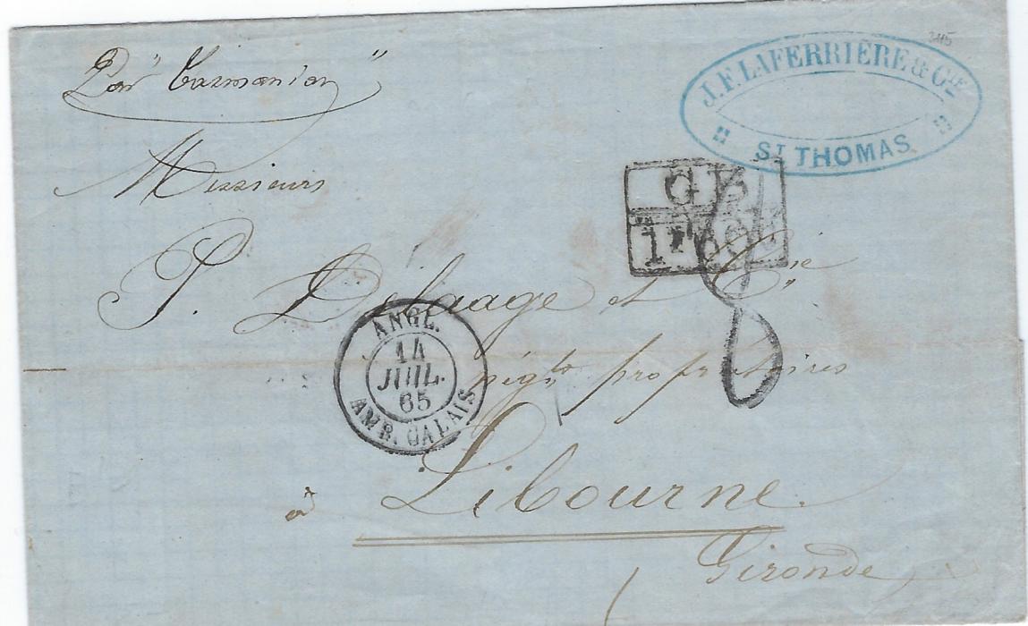 Danish West Indies 1854 outer letter sheet to Revel, France bearing various manuscript rate markings and “per Plata”, red French entry cds at right, reverse with double arc St Thomas date stamp, overstruck by  red Seebrief Per England und Aachen transit and Paris transit, arrival cds below.
